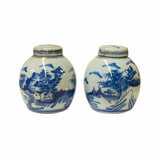 Pair Blue White Mini Oriental Graphic Porcelain Ginger Jars ws950S