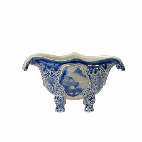 blue white porcelain urn - chinese pottery bowl - oriental ceramic planter