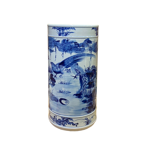chinese flower birds graphic umbrella stand - asian blue white porcelain column vase