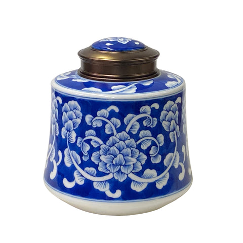 blue white porcelain jar - oriental flower ceramic urn - asian porcelain jar