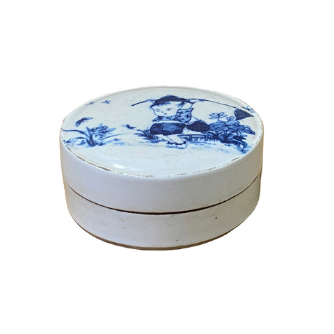 blue white porcelain box - round porcelain container - asian ceramic trickle box