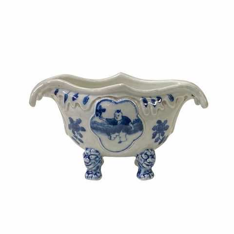blue white porcelain planter - oriental porcelain container - small display porcelain bowl