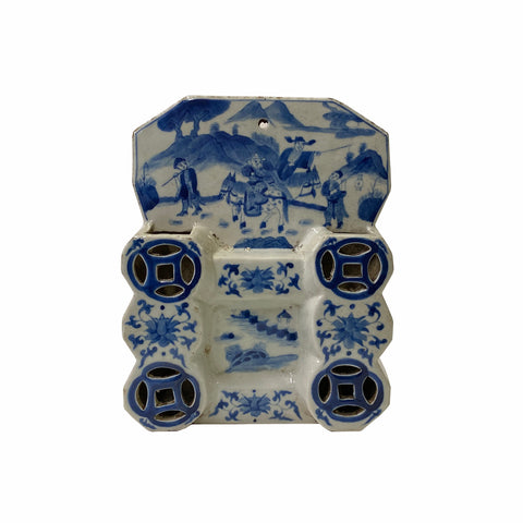 blue white porcelain planter - wall hanging vase - chinese wall plaque