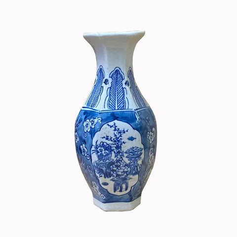 blue white small vase - hexagon shape porcelain vase - flowers graphic vase