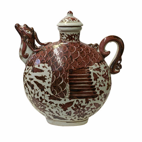 brick red phoenix jar vase - Chinese porcelain vase jar - Asian bird mouth porcelain vase