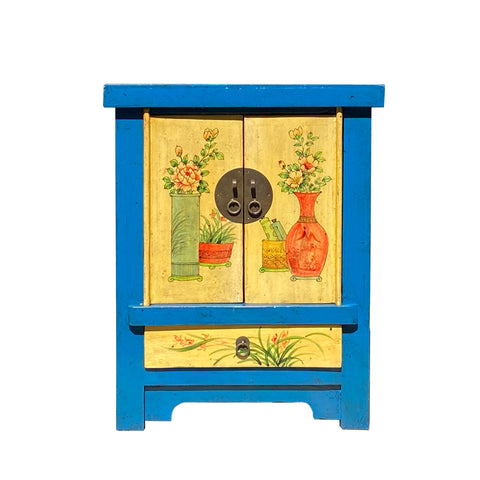 blue cream yellow end table - oriental flower vases graphic nightstand - asian chinese side table