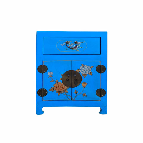 end table - bright blue vinyl side table - Chinese flower bird nightstand