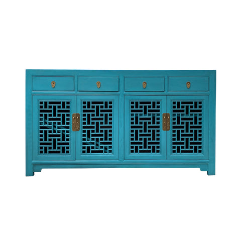 distressed pastel blue sideboard - shutter doors console table - asian credenza cabinet