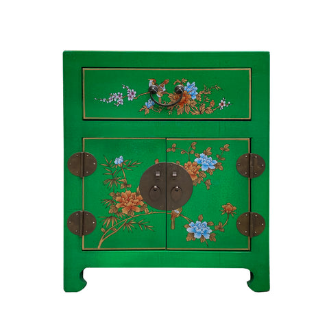 green flower graphic end table - asian flower bird side table - green nightstand