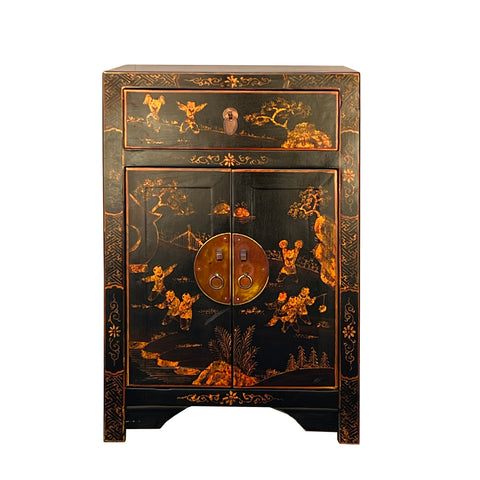 golden scenery end table - asian chinese graphic nightstand - oriental black copper color side table