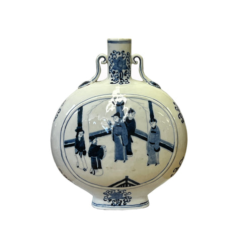 chinese blue white porcelain vase - oval flat graphic art vase