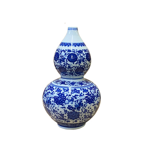 chinese gourd shape vase - asian blue white porcelain vase - oriental flower pattern vase