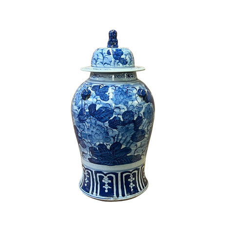 chinese temple jar - blue white ginger jar - lotus flower porcelain jar