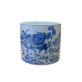 chinese blue white fish people pot - asian porcelain brush holder  - oriental blue white plant holder vase
