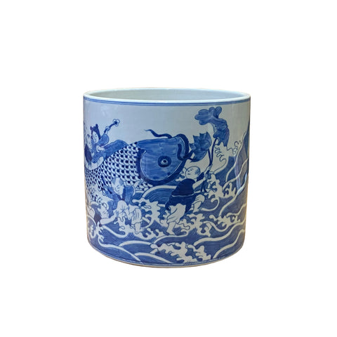 chinese blue white fish people pot - asian porcelain brush holder  - oriental blue white plant holder vase
