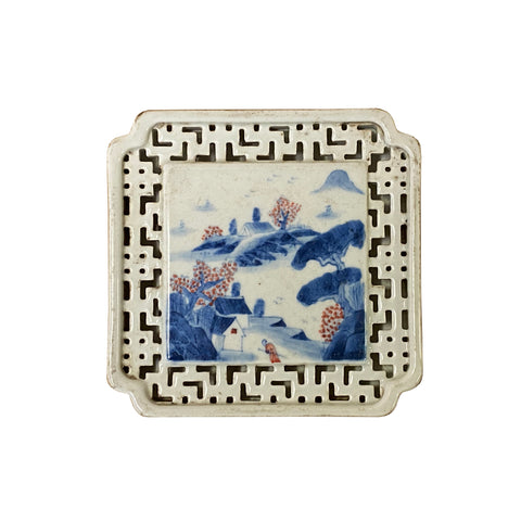 blue white porcelain coaster - asian chinese porcelain plate - oriental porcelain stand