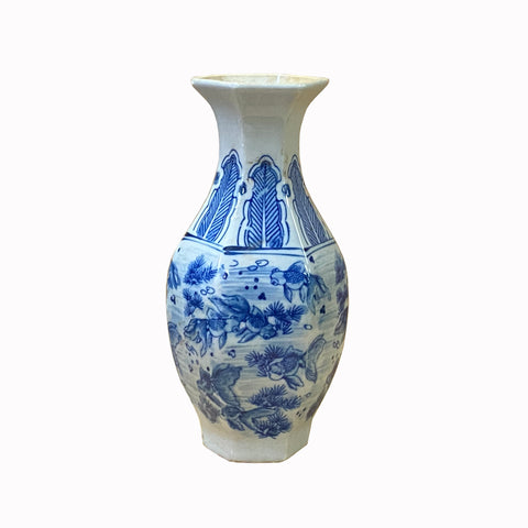 blue white porcelain vase - fishes graphic small vase - oriental hexagon shape small vase