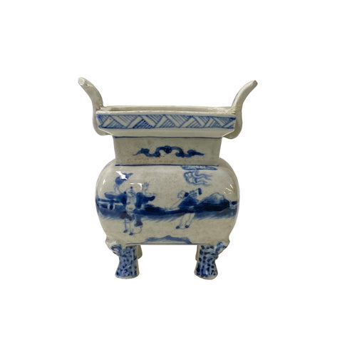 blue white porcelain jar - incense burner holder - asian ding shape vase jar