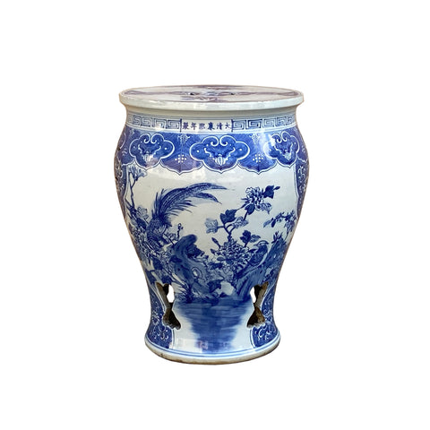 Chinese Blue White Porcelain Flower Birds Large Round Stool
