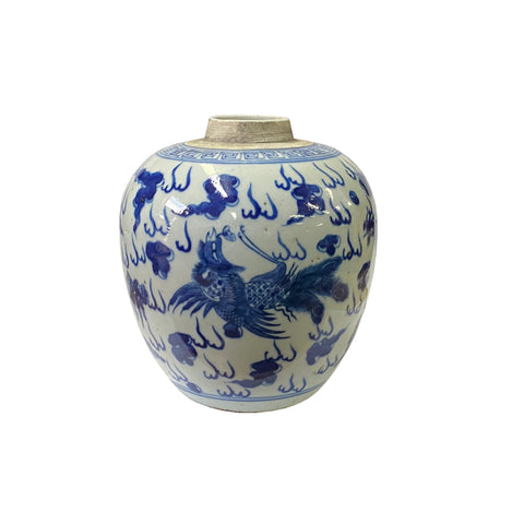 blue white ginger jar - oriental phoenix jar - chinese small vase jar