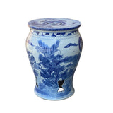chinese blue white porcelain round stool - oriental mountain trees porcelain side table 