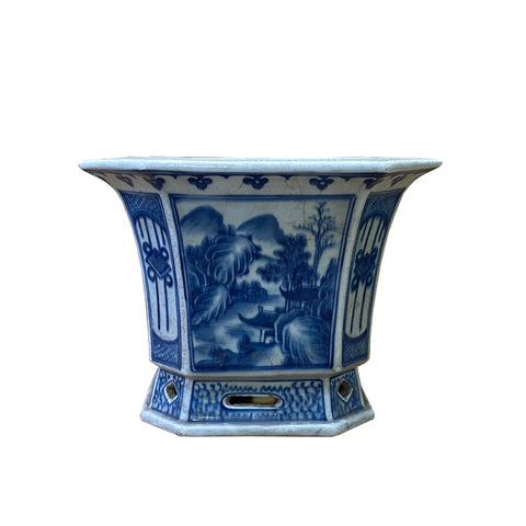 blue white planter - asian Chinese porcelain planter 
