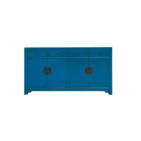 Chinese dark cerulean blue sideboard - oriental console table - asian moon face credenza 