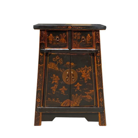 chinese black brown copper graphic end table - asian graphic nightstand