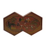 chinese brown lacquer decagon box - oriental people graphic wood accent box 