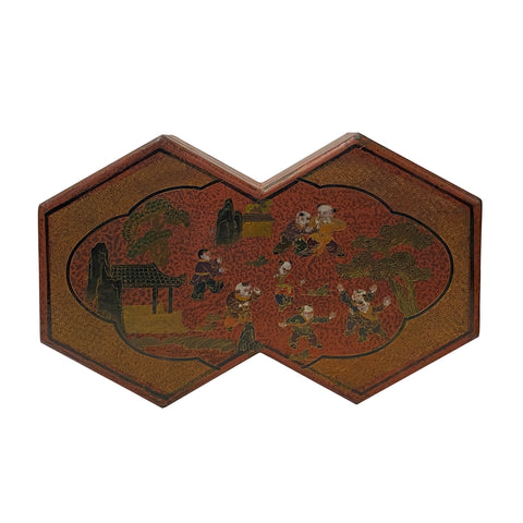 chinese brown lacquer decagon box - oriental people graphic wood accent box 