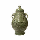 celadon jar - Chinese dragon ceramic jar - celadon green ware