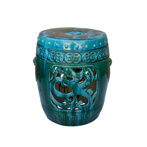 Green turquoise clay stool - oriental dragon ceramic round table - asian ceramic table