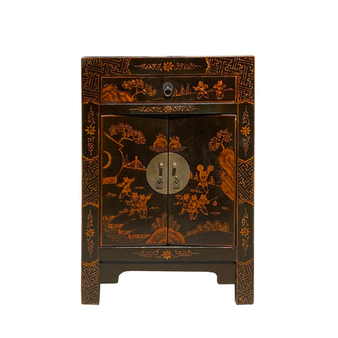 oriental copper color scenery graphic - Asian end table - Chinese graphic nightstand