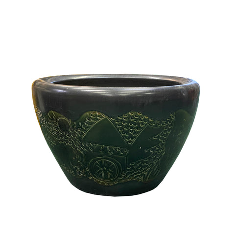 asian planter pot Chinese Dark Gray Black Ceramic Motif Pattern Accent Pot Planter ws2720S
