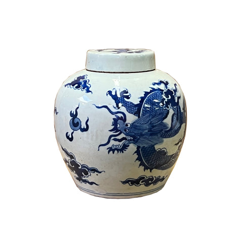 chinese ginger jar - blue white porcelain jar - dragon theme temple jar