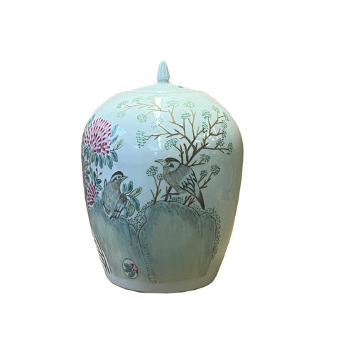 asian chinese white flower bird porcelain jar - oval round point lid jar