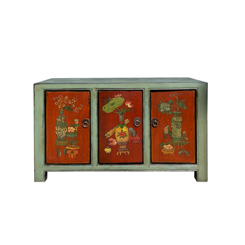 oriental flower vases low cabinet - gray orange graphic low console chest
