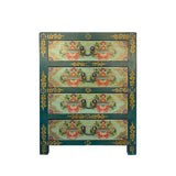 Teal green end table - tibetan jewel flower graphic nightstand - asian green graphic chest of drawers