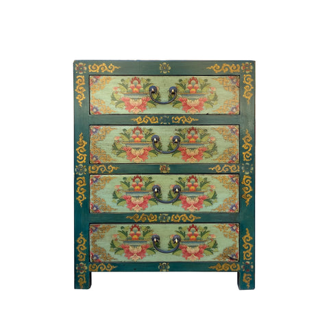 Teal green end table - tibetan jewel flower graphic nightstand - asian green graphic chest of drawers