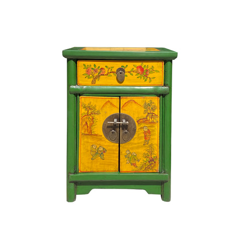 chinese yellow green end table - oriental graphic nightstand - asian side table