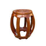 chinese golden brown barrel stool - oriental round wood stool - asian birds motif barrel stool
