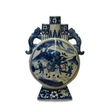 chinese round flat porcelain vase - asian oriental blue white art vase