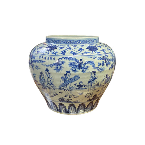 asian chinese vintage porcelain pot - oriental blue white fat body jar - asian handpaint round fat vase