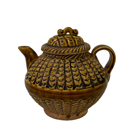 ceramic clay teapot art - brown tan clay woven pattern jar