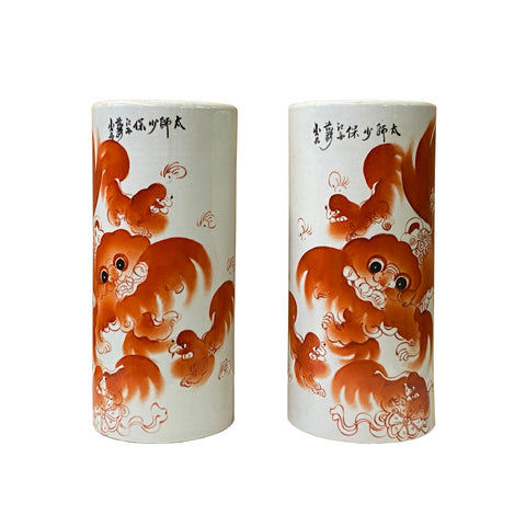 pair foo dogs porcelain vase - Chinese orange lions column vases