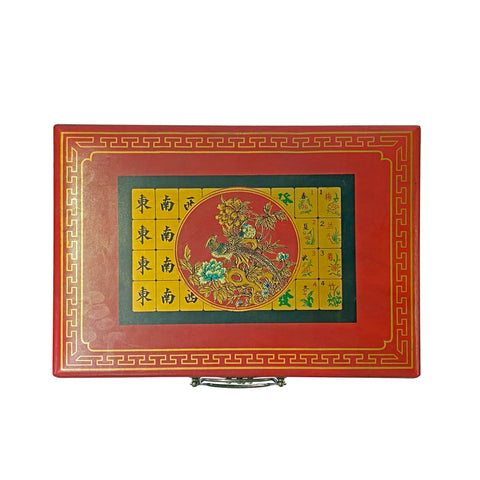 Chinese Flower Bird Red Vinyl Box Regular Size Mahjong Tiles Game Set ws2624S