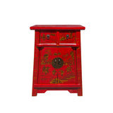 chinese red golden scenery end table - asian red nightstand - oriental red side table