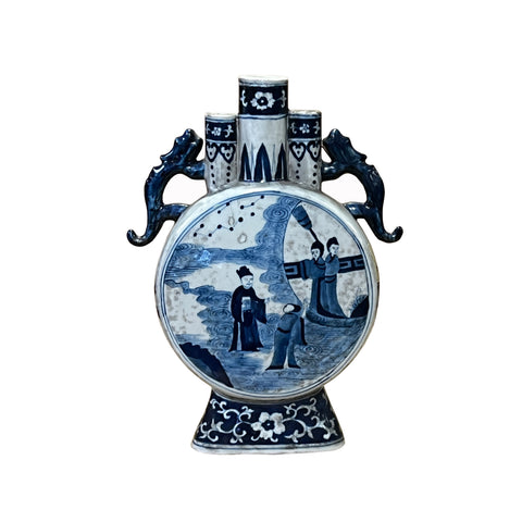 chinese porcelain moon shape vase - asian oriental blue white art vase
