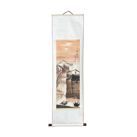 oriental scroll painting - asian vertical village theme painting - chinese color ink painting