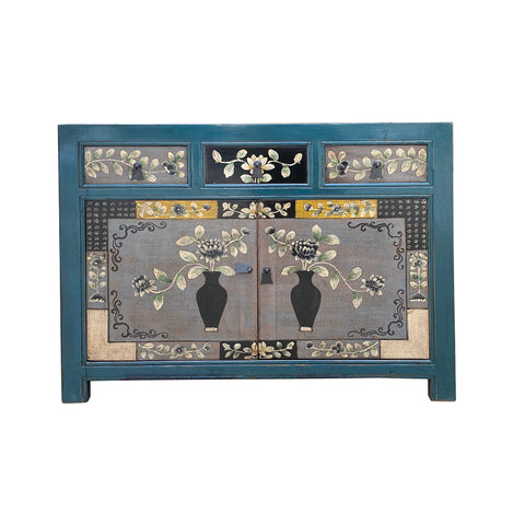 teal blue graphic sideboard - gray flower graphic credenza - asian chinese console table
